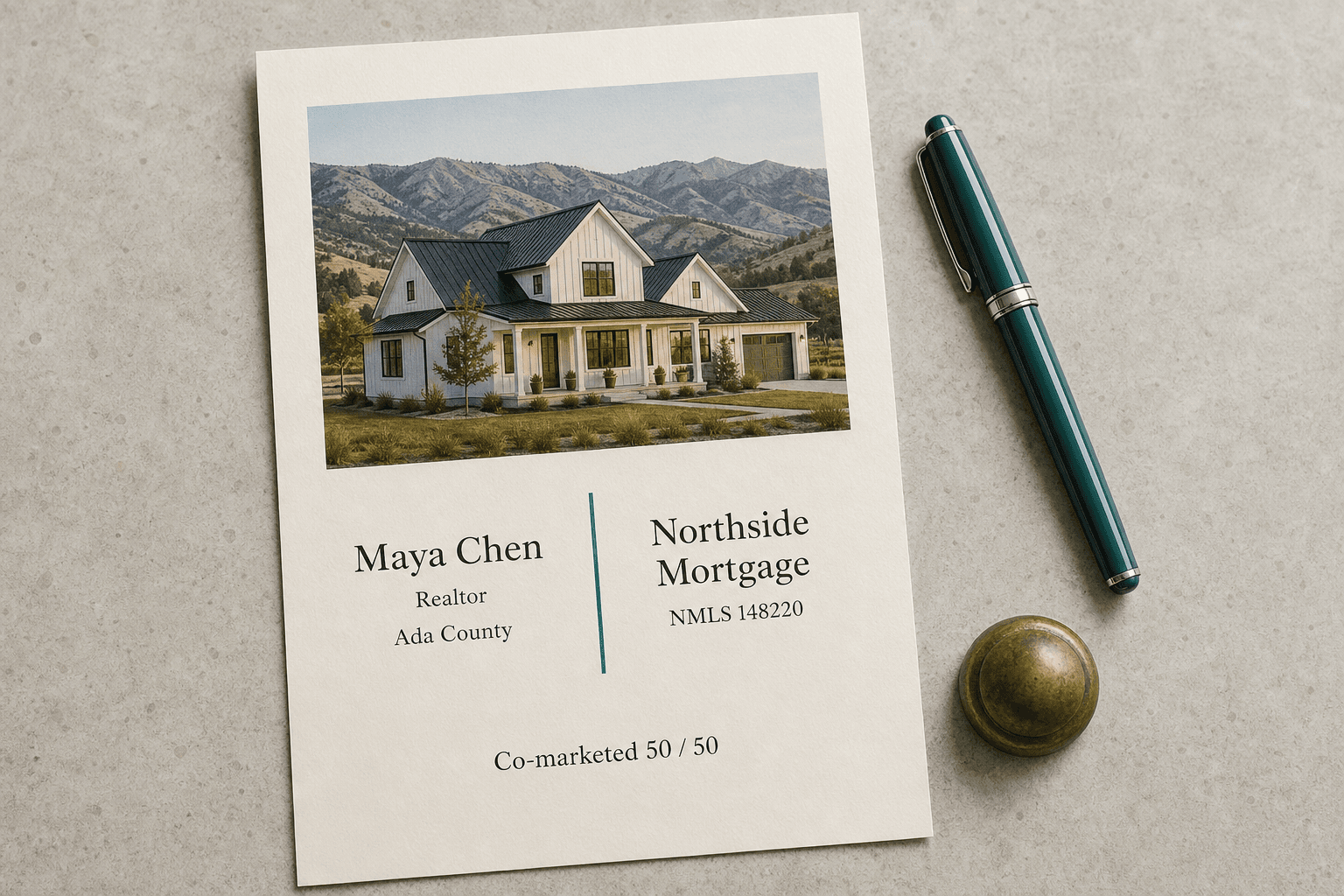 Cream cobrand listing sheet showing a 50 / 50 split between the agent and the lender.