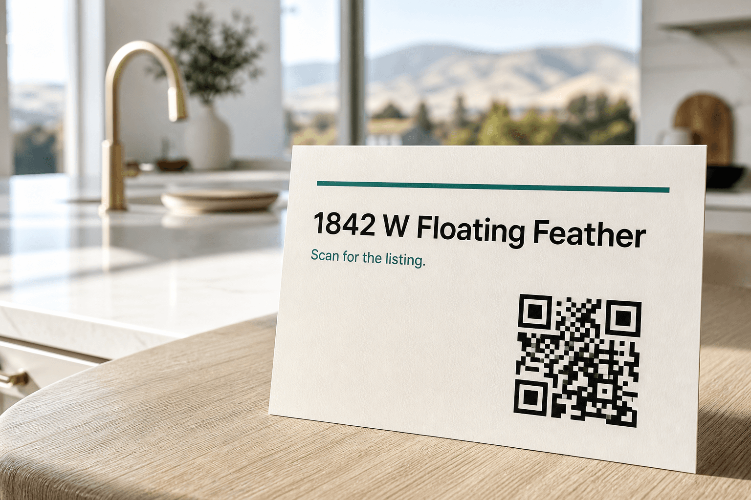 Cream Launchpad flyer for 1842 W Floating Feather with a teal rule and a large QR code on a kitchen island.